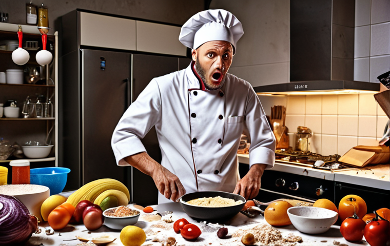 **

A confused chef standing in a messy kitchen surrounded by strange-looking food. Ingredients are scattered everywhere. The title above reads: "Unclear Experiment Goal."

**