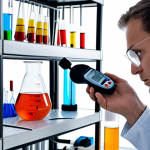 **A scientist meticulously calibrating lab equipment, a shelf filled with various measurement tools in the blurred background. Emphasize the importance of consistent methodology in a brightly lit modern laboratory.**