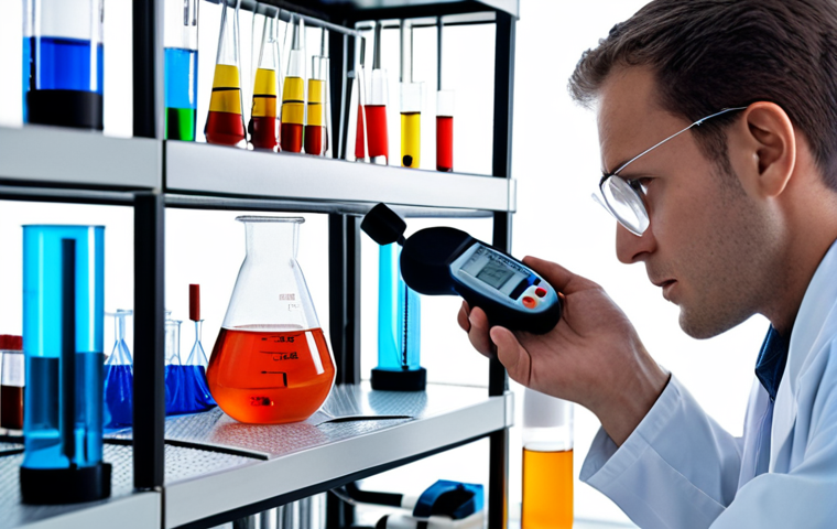 **A scientist meticulously calibrating lab equipment, a shelf filled with various measurement tools in the blurred background. Emphasize the importance of consistent methodology in a brightly lit modern laboratory.**