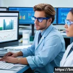 실험 설계에서 샘플 크기 결정하기 - A detailed scientific laboratory scene focused on sample size determination, featuring researchers a...