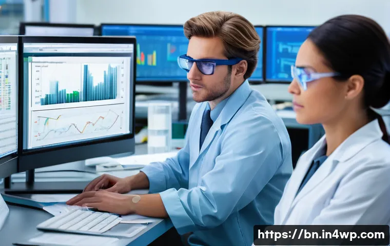 실험 설계에서 샘플 크기 결정하기 - A detailed scientific laboratory scene focused on sample size determination, featuring researchers a...