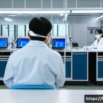 실험 설계에서의 블라인드 방법론 - A high-tech clinical trial setting showcasing a double-blind experiment: a modern laboratory with sc...