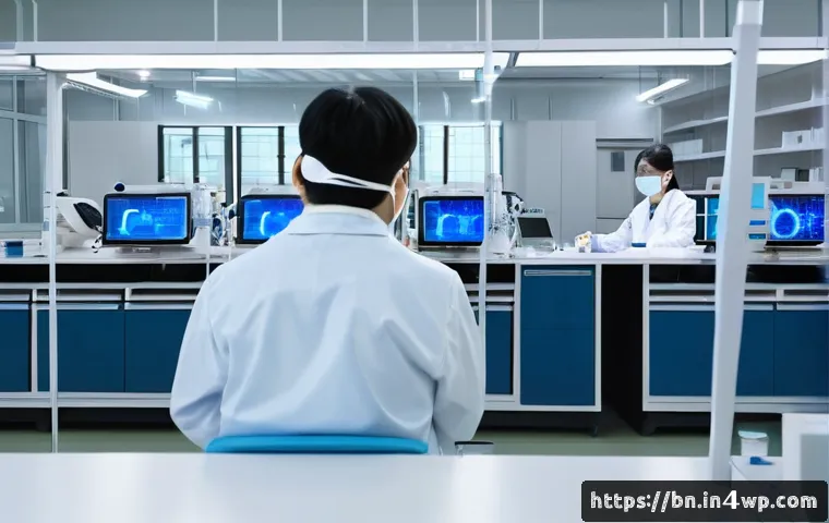 실험 설계에서의 블라인드 방법론 - A high-tech clinical trial setting showcasing a double-blind experiment: a modern laboratory with sc...