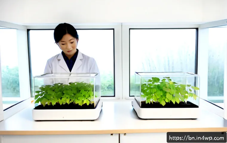 비교 실험 설계의 장점과 단점 - Photorealistic laboratory comparison experiment, two identical glass plant chambers side by side on ...